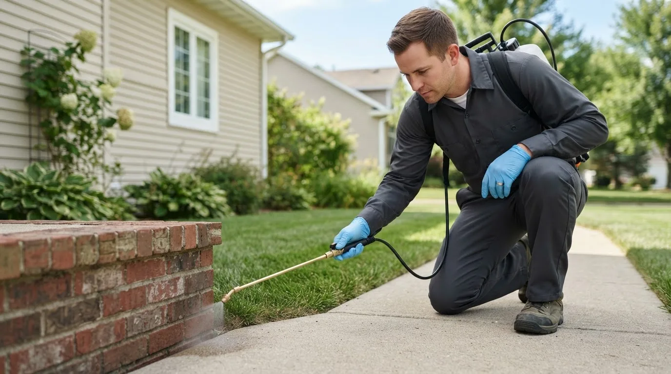 Pest control technician treating a home near Newton Grove, NC